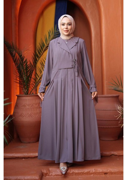 Fermuarlı Koyu Vizon Tesettür Ferace 26431KV