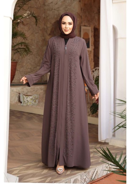 Boncuk Işlemeli Açık Kahverengi Tesettür Ferace 29127AKH