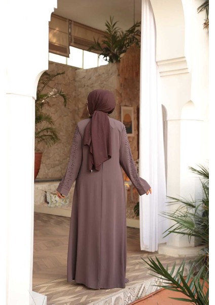 Boncuk Işlemeli Açık Kahverengi Tesettür Ferace 29127AKH modelleri