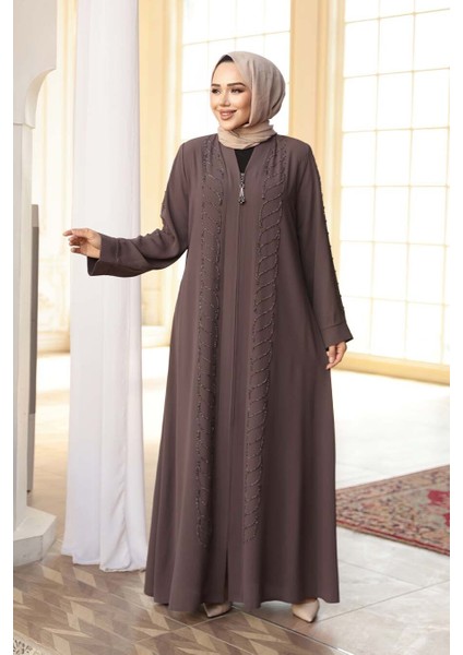 Boncuk Işlemeli Açık Kahverengi Tesettür Ferace 29122AKH