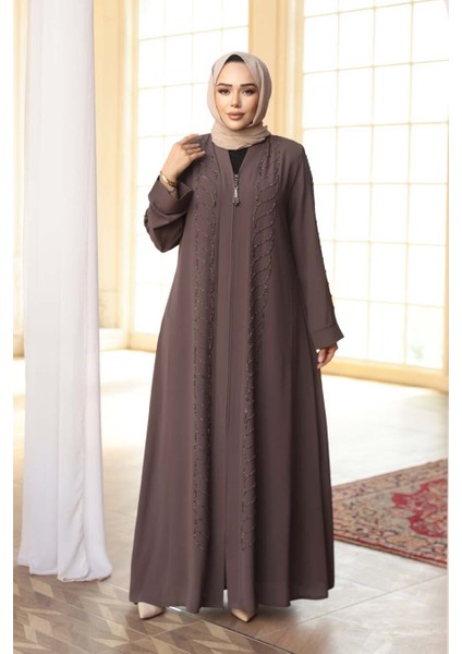 Boncuk Işlemeli Açık Kahverengi Tesettür Ferace 29122AKH fiyatları