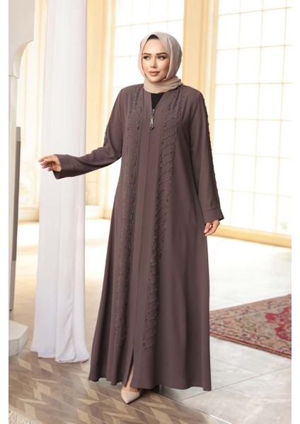 Boncuk Işlemeli Açık Kahverengi Tesettür Ferace 29122AKH modelleri