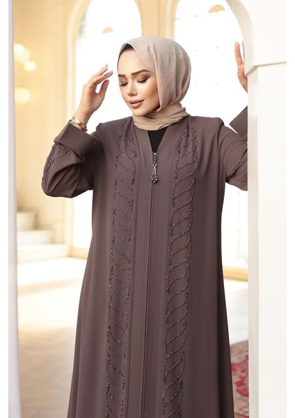 Boncuk Işlemeli Açık Kahverengi Tesettür Ferace 29122AKH fırsatları