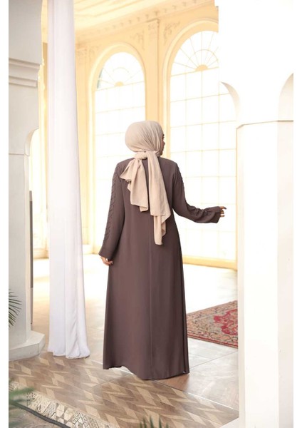 Boncuk Işlemeli Açık Kahverengi Tesettür Ferace 29122AKH indirimleri