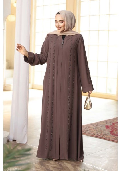 Boncuk Işlemeli Açık Kahverengi Tesettür Ferace 29123AKH