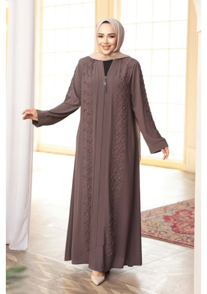Boncuk Işlemeli Açık Kahverengi Tesettür Ferace 29123AKH fiyatları