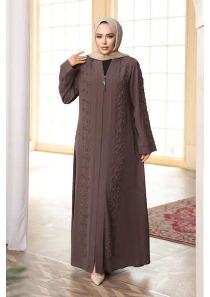 Boncuk Işlemeli Açık Kahverengi Tesettür Ferace 29123AKH modelleri