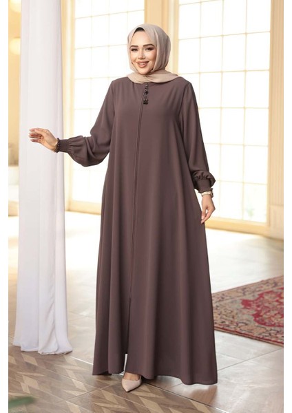 Fermuarlı Koyu Vizon Tesettür Ferace 45287KV