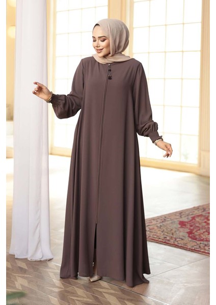 Fermuarlı Koyu Vizon Tesettür Ferace 45287KV fiyatları