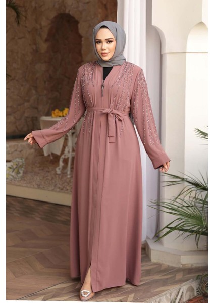 Boncuk Işlemeli Açık Gül Kurusu Tesettür Abaya 29111AGK