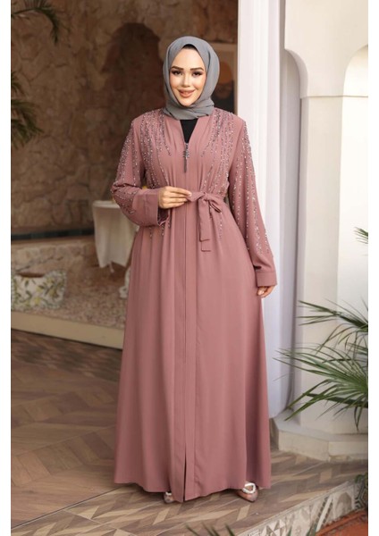 Boncuk Işlemeli Açık Gül Kurusu Tesettür Abaya 29111AGK fiyatları