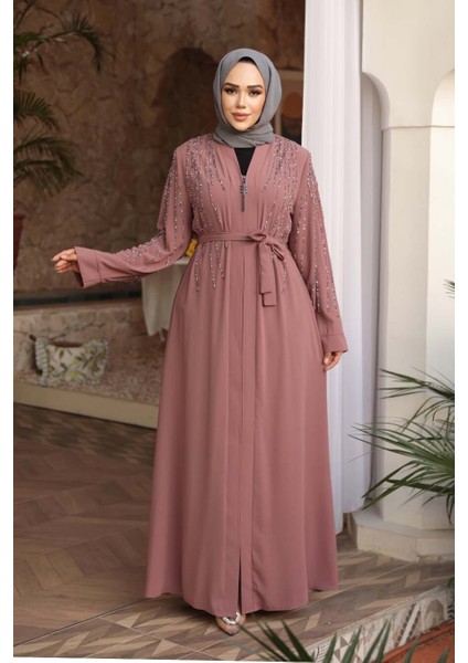 Boncuk Işlemeli Açık Gül Kurusu Tesettür Abaya 29111AGK modelleri