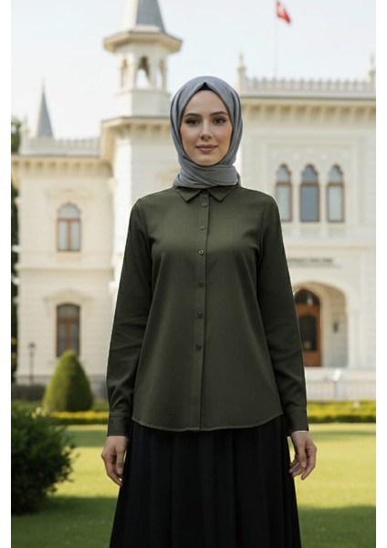 Düğmeli Haki Tesettür Gömlek 52284HK