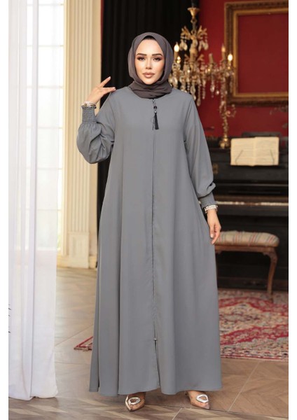 Fermuarlı Gri Tesettür Abaya 26302GR