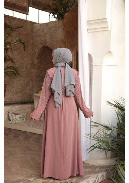 Boncuk Işlemeli Açık Gül Kurusu Tesettür Abaya 29111AGK fırsatları