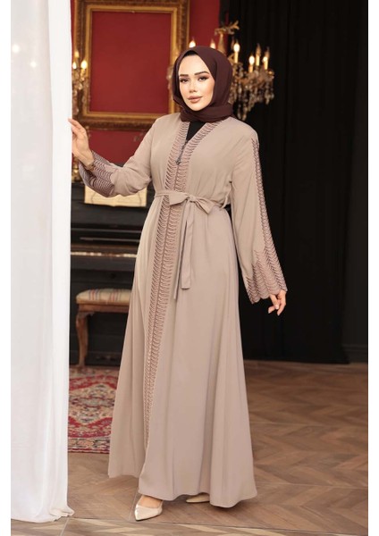 Nakış Işlemeli Bej Tesettür Abaya 29114BEJ fiyatları