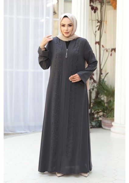 Boncuk Işlemeli Füme Tesettür Ferace 29122FU