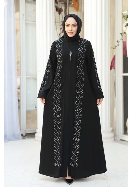 Boncuk Işlemeli Siyah Gümüş Tesettür Ferace 29123SGMS