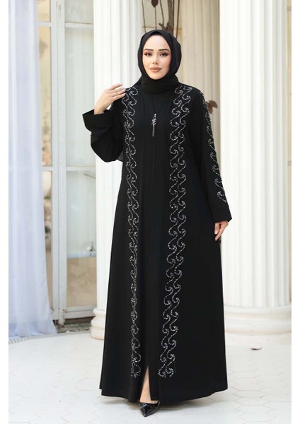 Boncuk Işlemeli Siyah Gümüş Tesettür Ferace 29123SGMS fiyatları