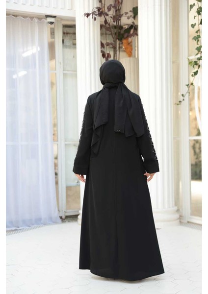 Boncuk Işlemeli Siyah Gümüş Tesettür Ferace 29123SGMS modelleri