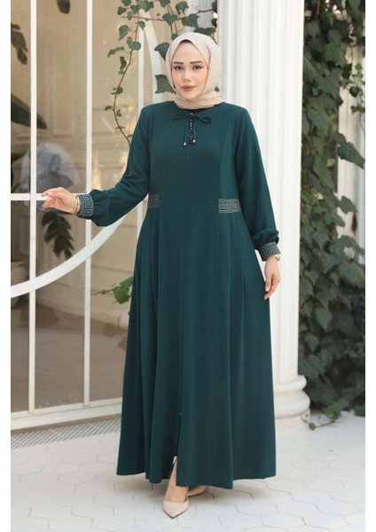 Pile Detaylı Zümrüt Yeşili Tesettür Ferace 45271ZY