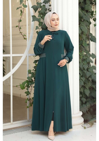 Pile Detaylı Zümrüt Yeşili Tesettür Ferace 45271ZY modelleri