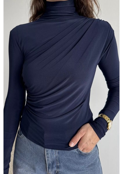 Omuz ve Bel Drapeli Uzun Kol Bluz P-00012516