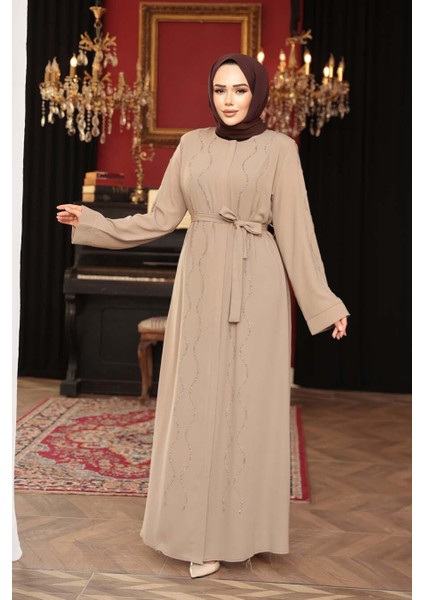 Boncuk Işlemeli Bej Tesettür Abaya 29117BEJ