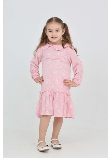 Kız Çocuk Çiçek Nakışlı Bebe Yaka Elbise