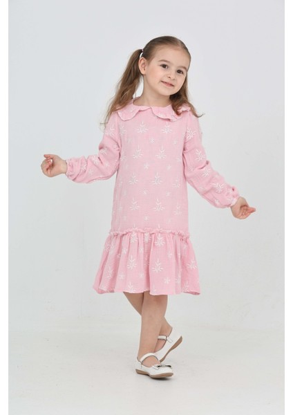 Kız Çocuk Çiçek Nakışlı Bebe Yaka Elbise fırsatları
