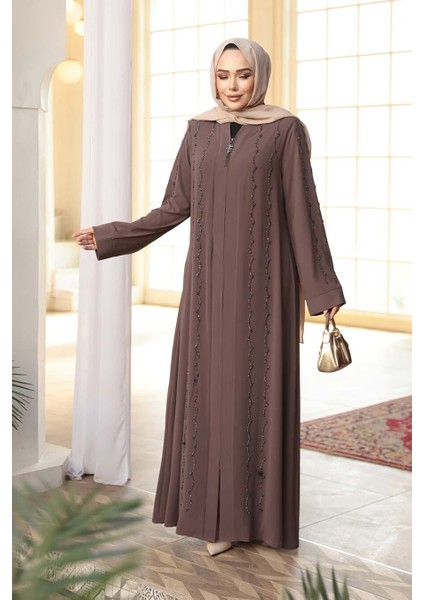 Boncuk Işlemeli Açık Kahverengi Tesettür Abaya 29113AKH