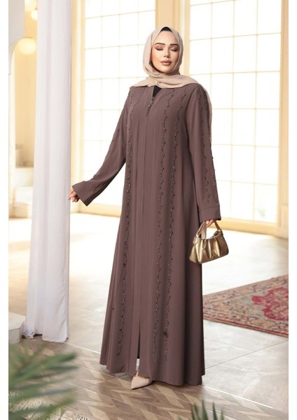 Boncuk Işlemeli Açık Kahverengi Tesettür Abaya 29113AKH fiyatları