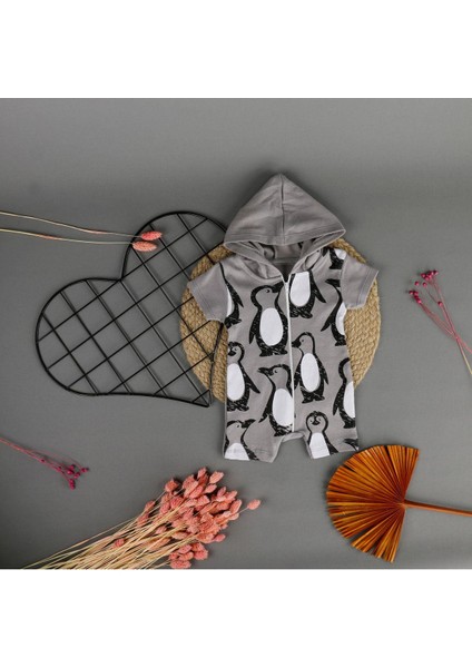 Penguen Baskılı Kapuşonlu Unisex Tulum