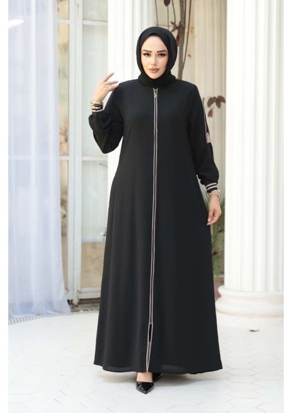 Fermuarlı Siyah Tesettür Ferace 26381S