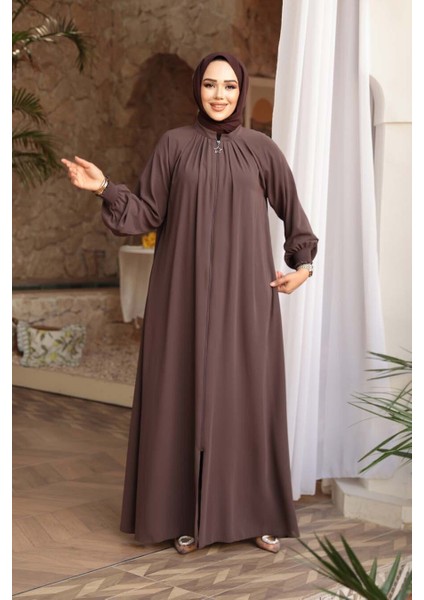 Fermuarlı Kahverengi Tesettür Ferace 45293KH