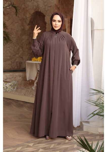 Fermuarlı Kahverengi Tesettür Ferace 45293KH fiyatları