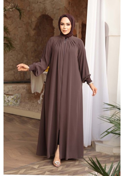 Fermuarlı Kahverengi Tesettür Ferace 45293KH modelleri