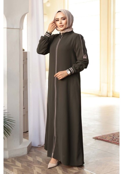 Fermuarlı Haki Tesettür Ferace 26381HK