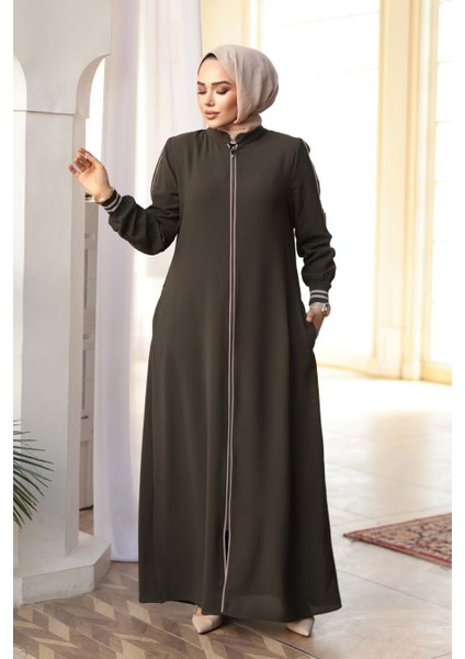 Fermuarlı Haki Tesettür Ferace 26381HK modelleri