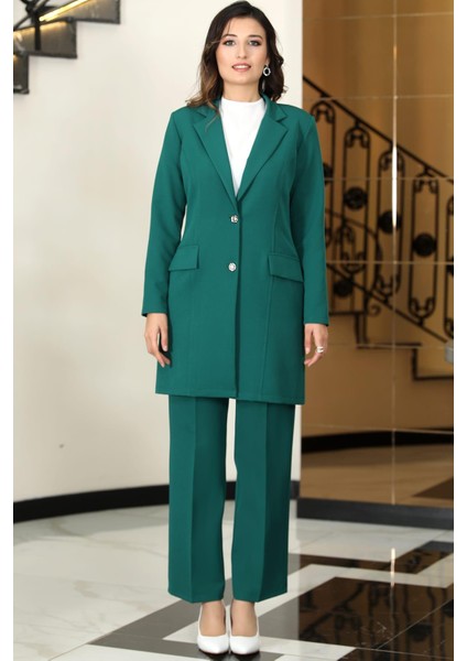 Parla Mono Yaka Tesettür Ceket Takım Zümrüt