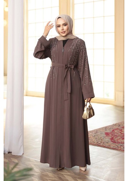 Boncuk Işlemeli Açık Kahverengi Tesettür Abaya 29111AKH