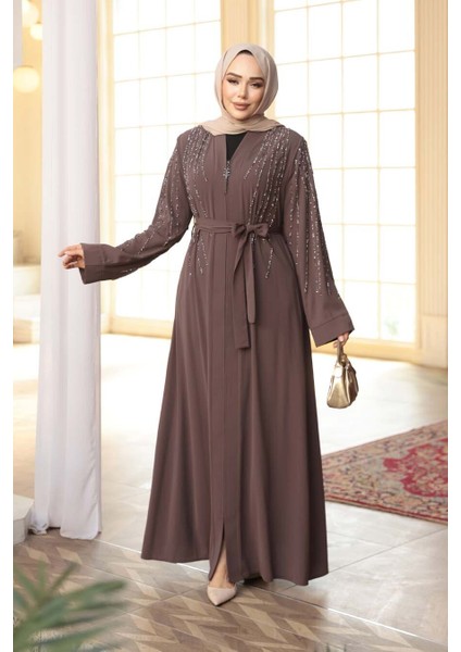 Boncuk Işlemeli Açık Kahverengi Tesettür Abaya 29111AKH fiyatları