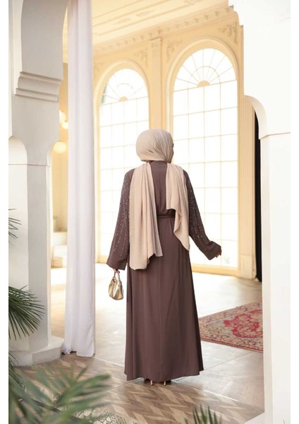 Boncuk Işlemeli Açık Kahverengi Tesettür Abaya 29111AKH modelleri