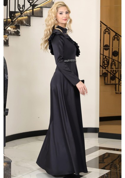 Ada Saten Tesettür Abiye Siyah modelleri