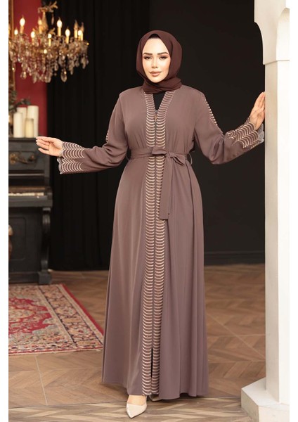 Nakış Işlemeli Kahverengi Tesettür Abaya 29114KH