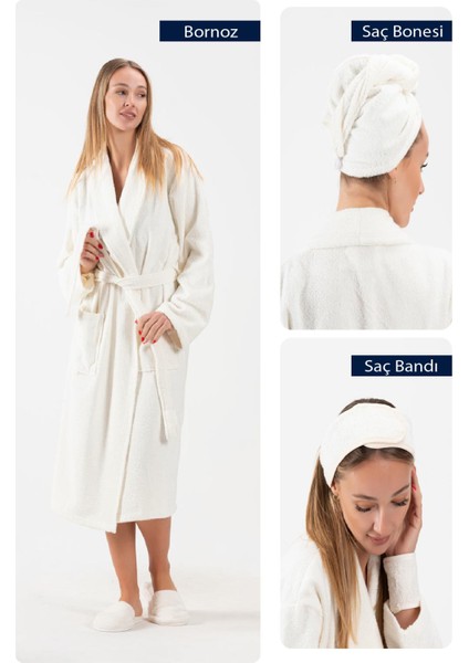Cottonverse 3'lü Bornoz Seti - %100 Pamuk Bornoz , Saç Bonesi , Saç Bandı Unısex