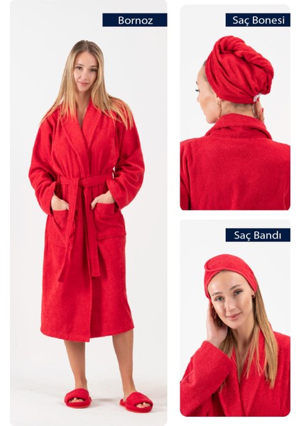 Cottonverse 3'lü Bornoz Seti - %100 Pamuk Bornoz , Saç Bonesi , Saç Bandı Unısex
