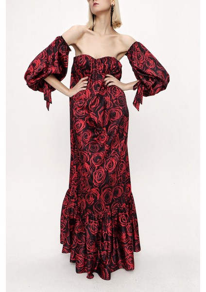 Desenli Straplez Desenli Balon Kol Elbise 94053