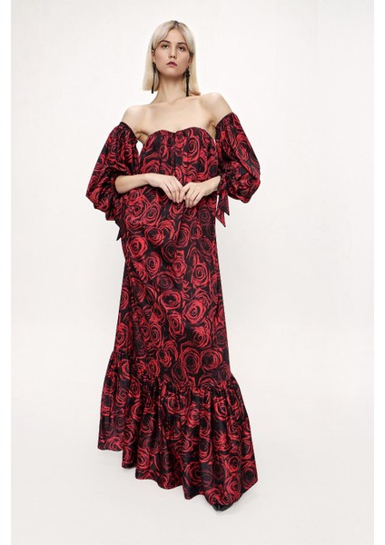 Desenli Straplez Desenli Balon Kol Elbise 94053 indirimleri