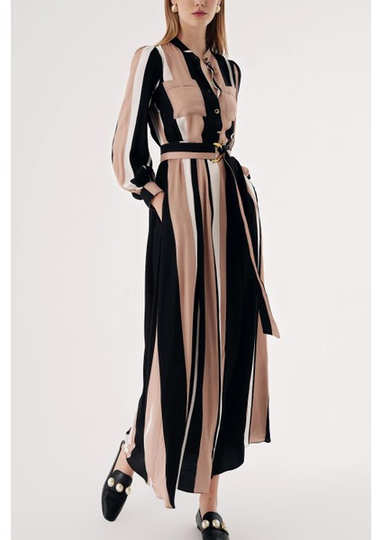 Çizgili Cepli Yarım Pat Kemerli Elbise 94426